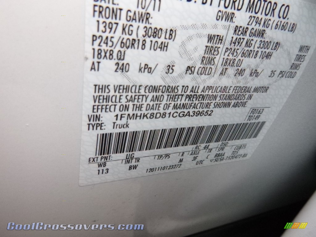 2012 Explorer XLT 4WD - White Platinum Tri-Coat / Charcoal Black photo #12
