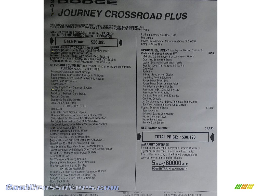 2017 Journey Crossroad Plus - Granite Pearl-Coat / Black photo #29