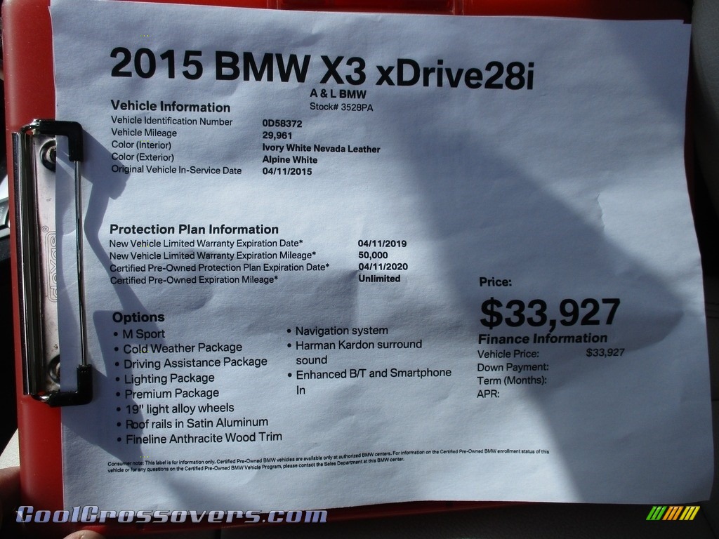 2015 X3 xDrive28i - Alpine White / Oyster photo #14