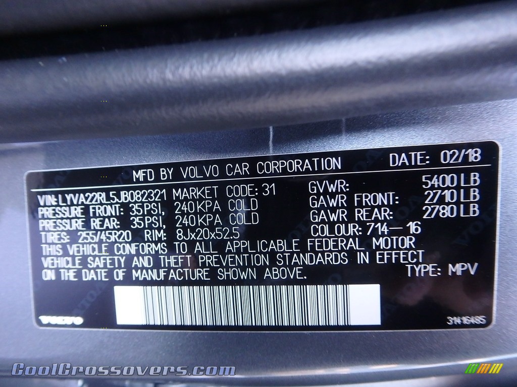 2018 XC60 T6 AWD Inscription - Osmium Grey Metallic / Charcoal photo #11