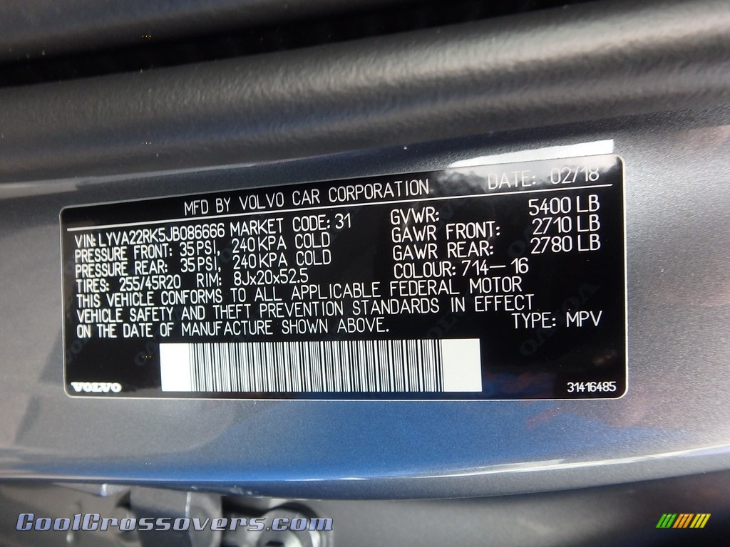 2018 XC60 T6 AWD Momentum - Osmium Grey Metallic / Charcoal photo #11