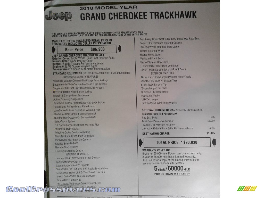 2018 Grand Cherokee Trackhawk 4x4 - Bright White / Black photo #44