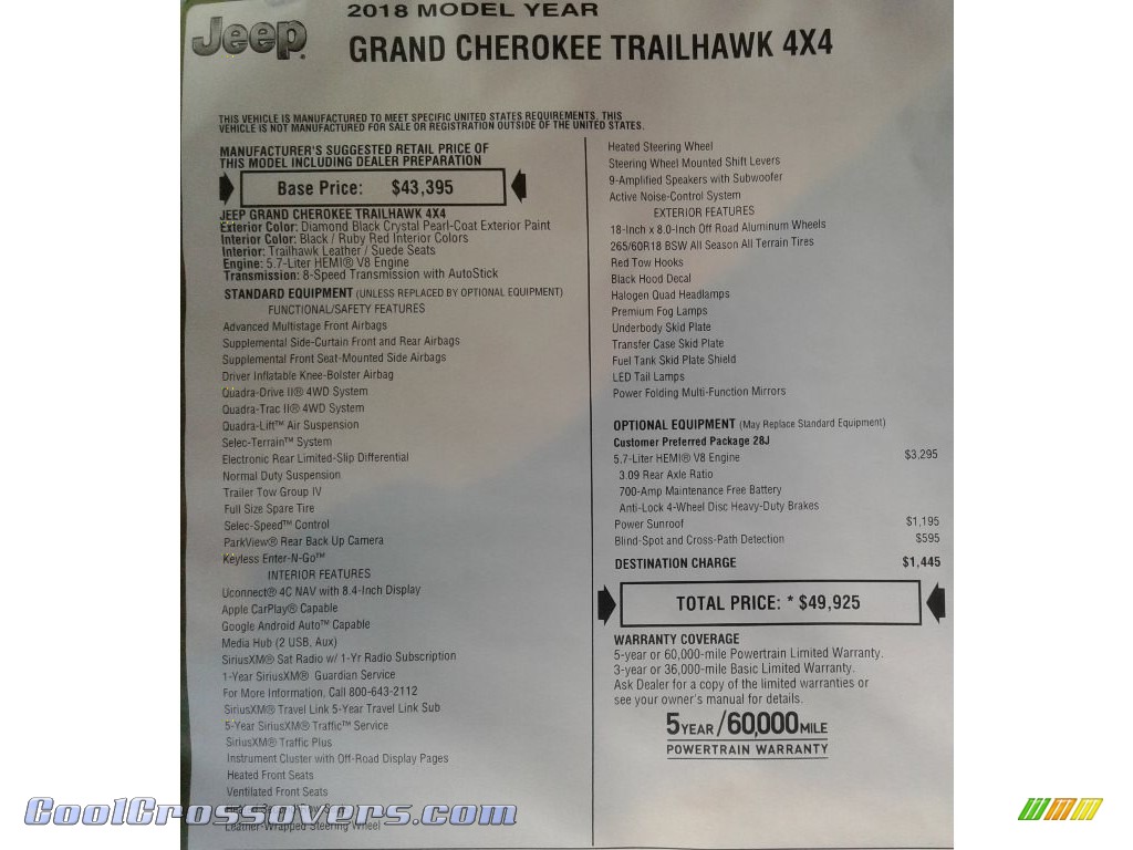 2018 Grand Cherokee Trailhawk 4x4 - Diamond Black Crystal Pearl / Black/Ruby Red photo #39
