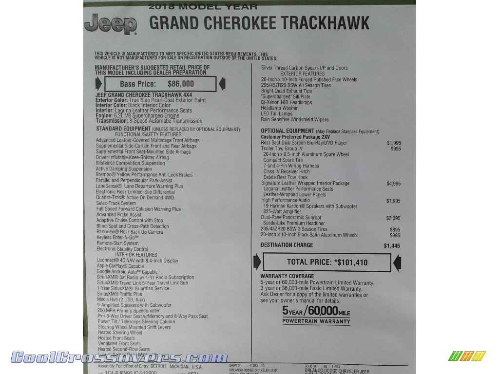 2018 Grand Cherokee Trackhawk 4x4 - True Blue Pearl / Black photo #52