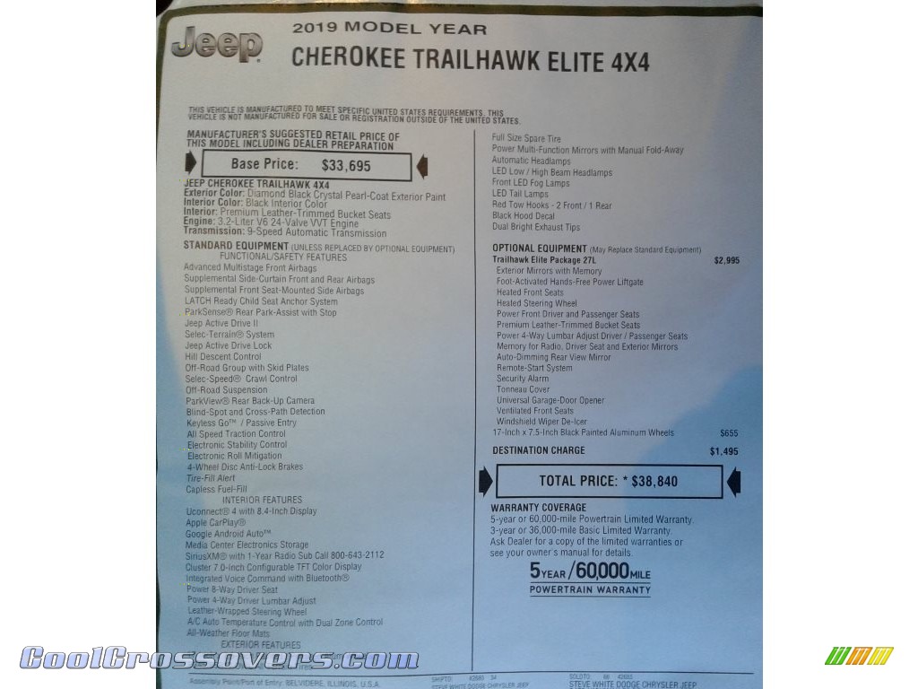 2019 Cherokee Trailhawk Elite 4x4 - Diamond Black Crystal Pearl / Black photo #33