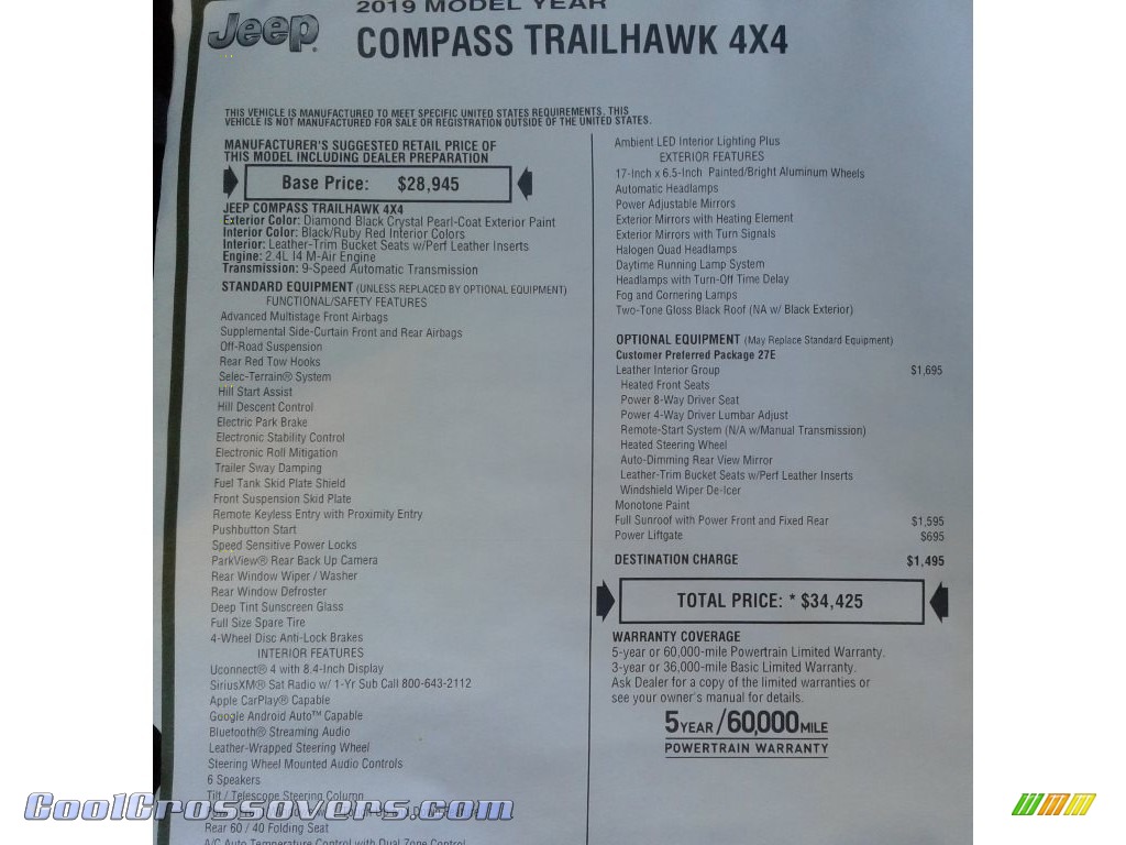 2019 Compass Trailhawk 4x4 - Diamond Black Crystal Pearl / Black/Ruby photo #35