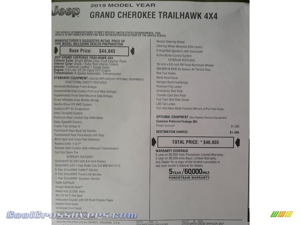 2019 Grand Cherokee Trailhawk 4x4 - Bright White / Ruby Red/Black photo #40