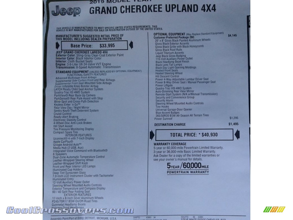 2019 Grand Cherokee Upland 4x4 - Sting-Gray / Black photo #37