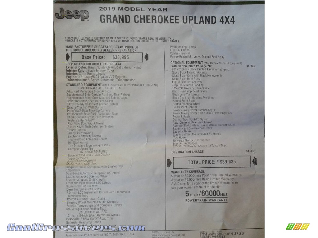 2019 Grand Cherokee Upland 4x4 - Bright White / Black photo #36