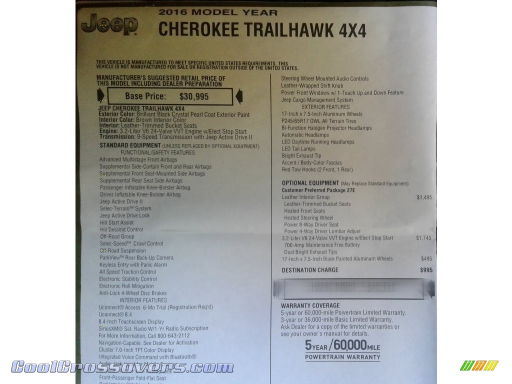 2016 Cherokee Trailhawk 4x4 - Brilliant Black Crystal Pearl / Black photo #36