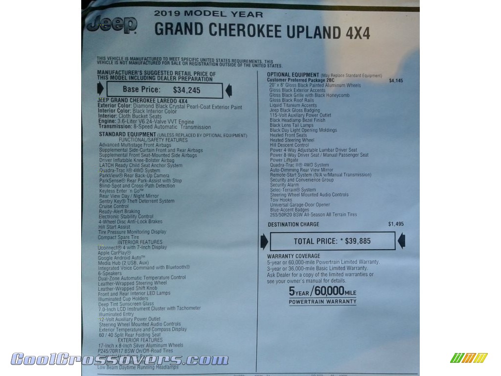 2019 Grand Cherokee Upland 4x4 - Diamond Black Crystal Pearl / Black photo #34