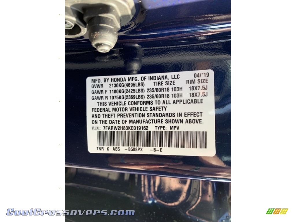 2019 CR-V EX-L AWD - Obsidian Blue Pearl / Gray photo #14