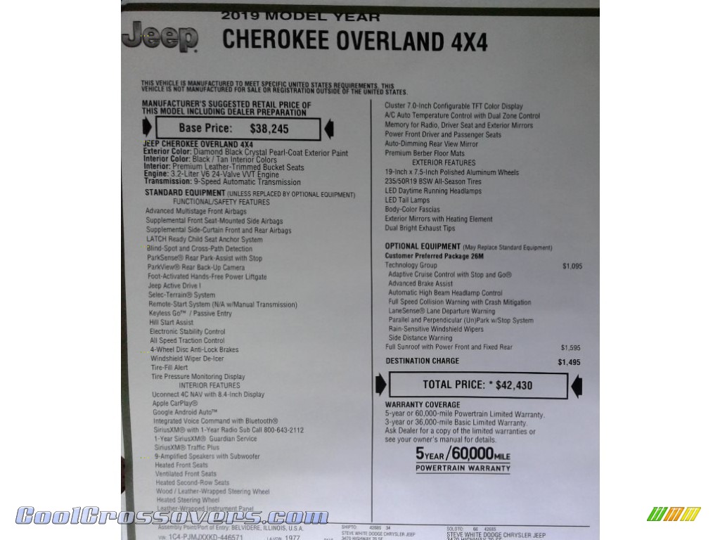2019 Cherokee Overland 4x4 - Diamond Black Crystal Pearl / Black/Tan photo #37