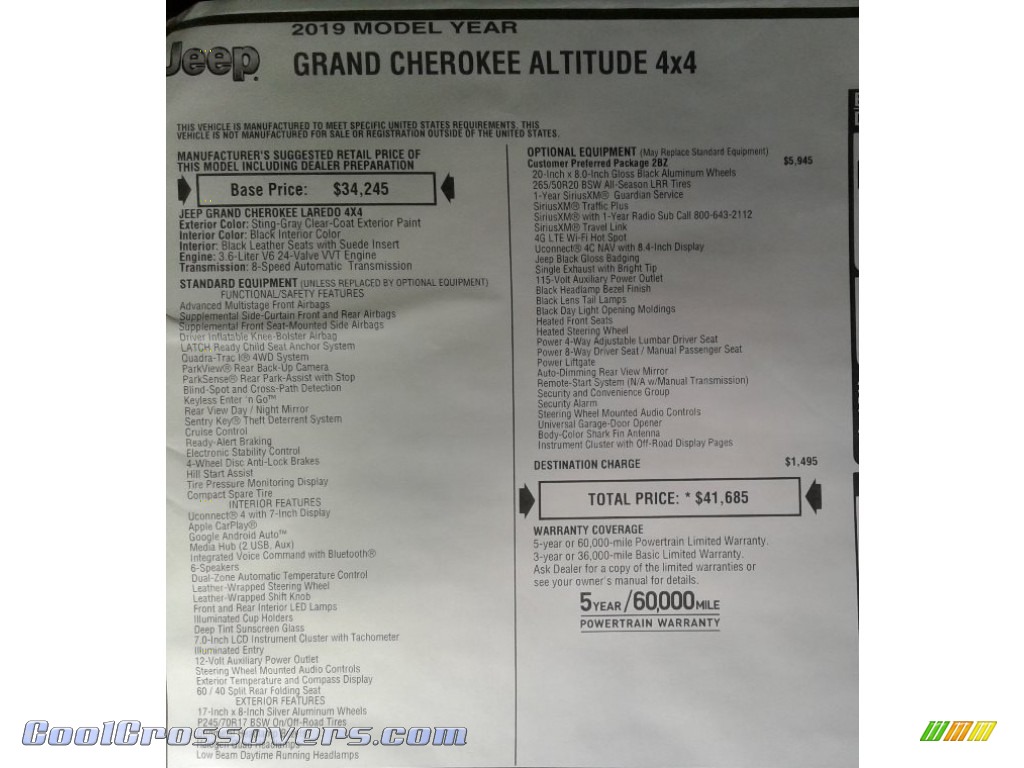 2019 Grand Cherokee Altitude 4x4 - Sting-Gray / Black photo #37