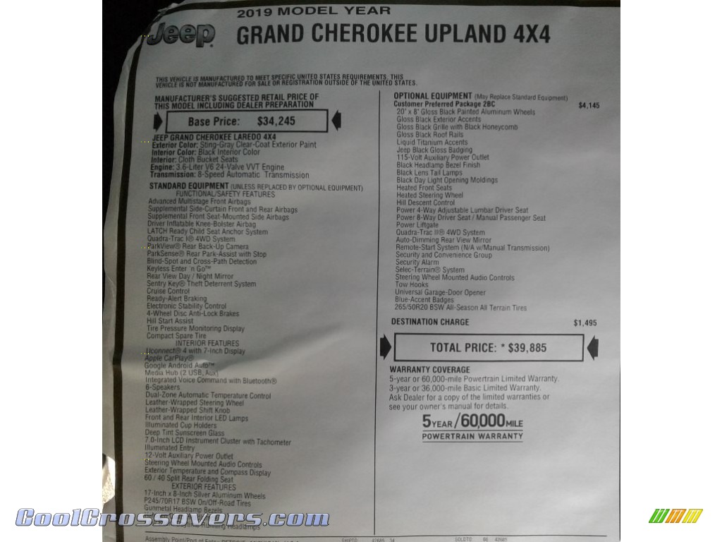 2019 Grand Cherokee Upland 4x4 - Sting-Gray / Black photo #34