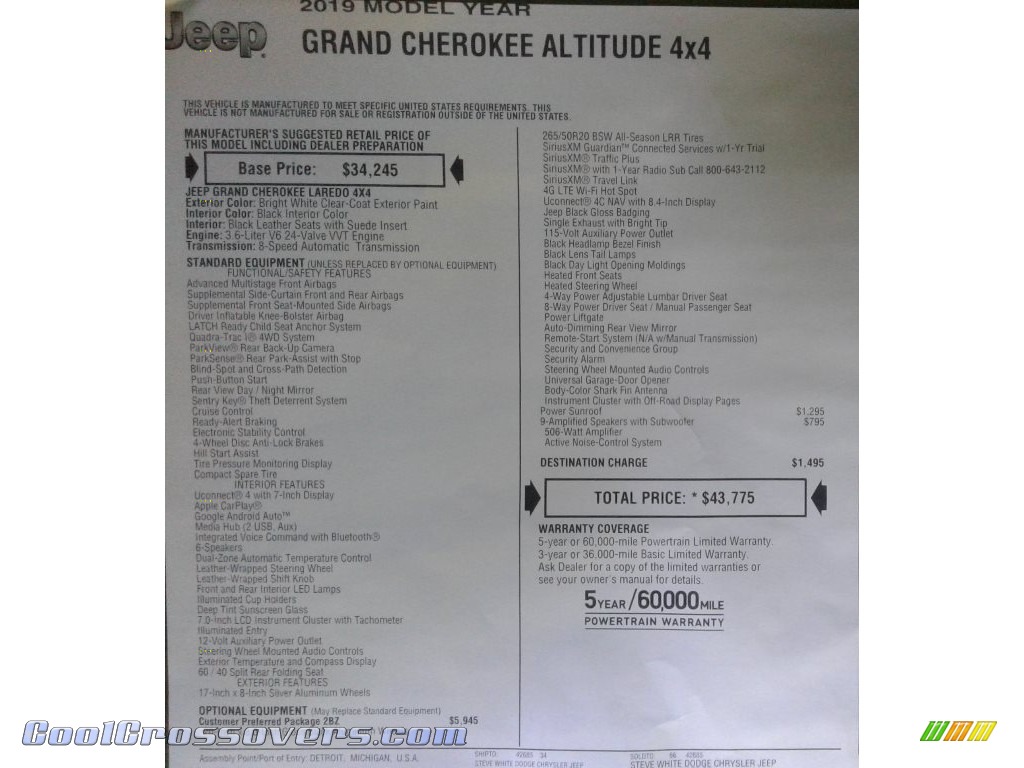 2019 Grand Cherokee Altitude 4x4 - Bright White / Black photo #39