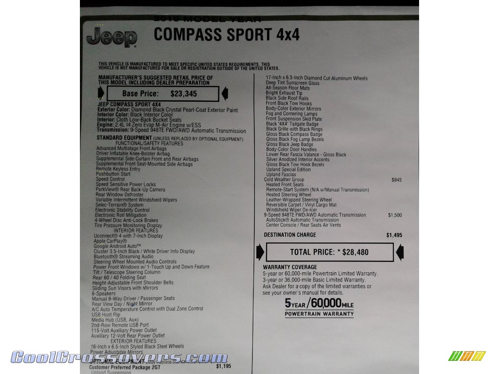 2019 Compass Sport 4x4 - Diamond Black Crystal Pearl / Black photo #34