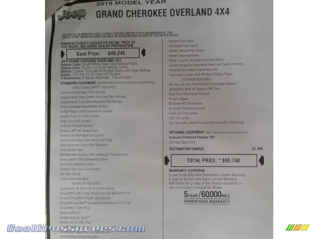 2019 Grand Cherokee Overland 4x4 - Bright White / Light Frost/Brown photo #40