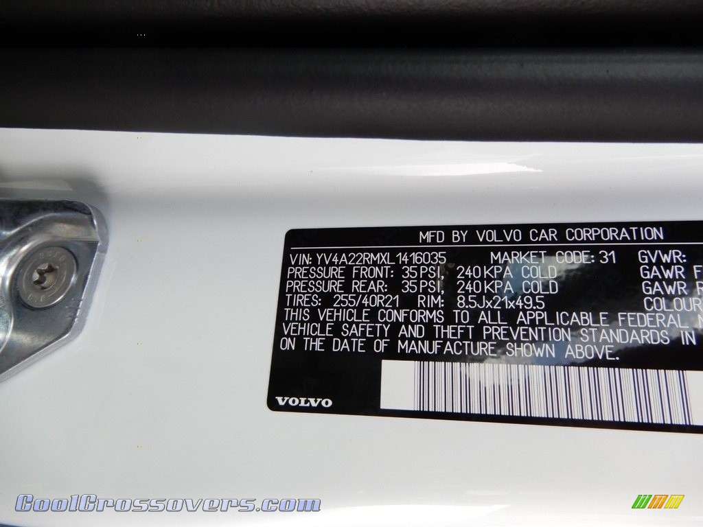 2020 XC60 T6 AWD - Crystal White Metallic / Charcoal photo #11
