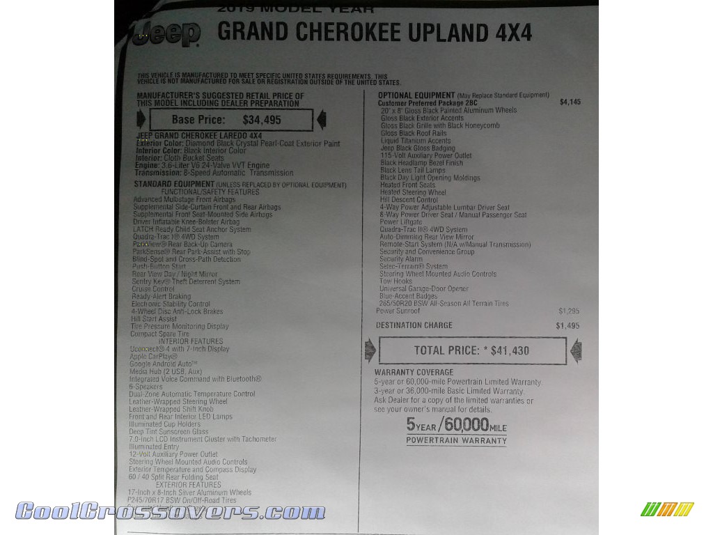 2019 Grand Cherokee Upland 4x4 - Diamond Black Crystal Pearl / Black photo #36
