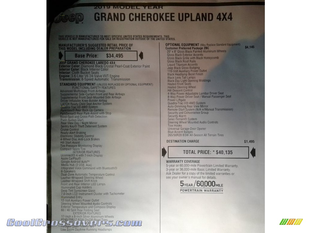 2019 Grand Cherokee Upland 4x4 - Diamond Black Crystal Pearl / Black photo #35
