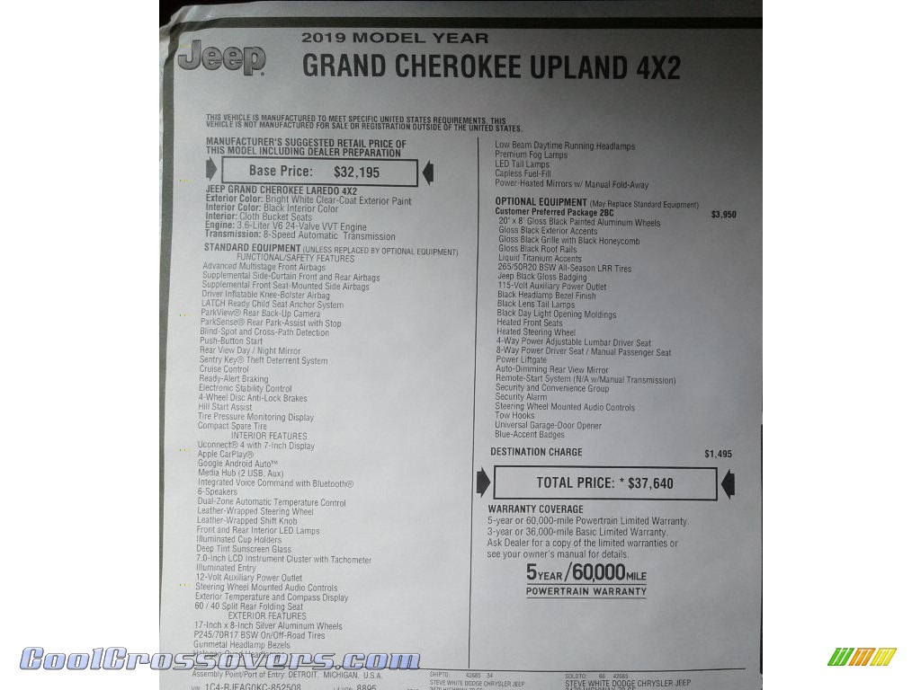 2019 Grand Cherokee Upland 4x4 - Bright White / Black photo #33