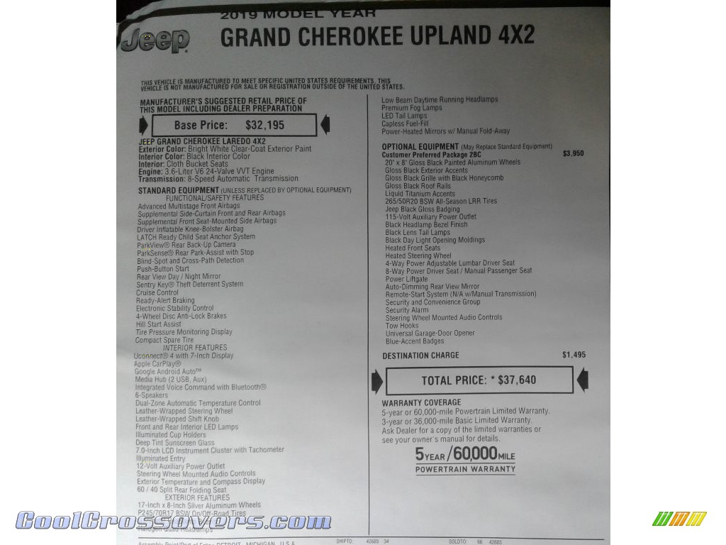 2019 Grand Cherokee Upland 4x4 - Bright White / Black photo #34