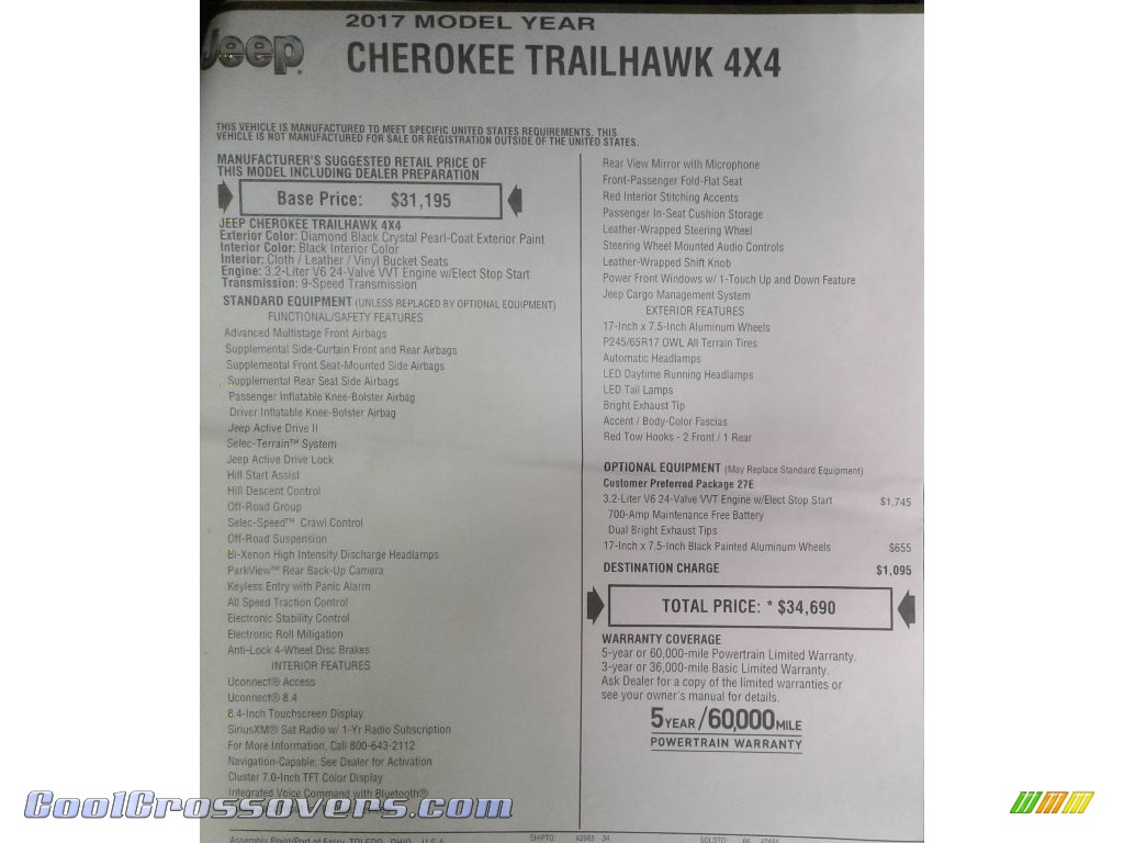 2017 Cherokee Trailhawk 4x4 - Diamond Black Crystal Pearl / Black photo #34