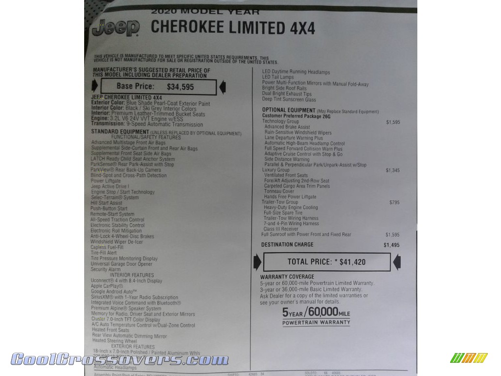 2020 Cherokee Limited 4x4 - Blue Shade Pearl / Ski Gray/Black photo #37