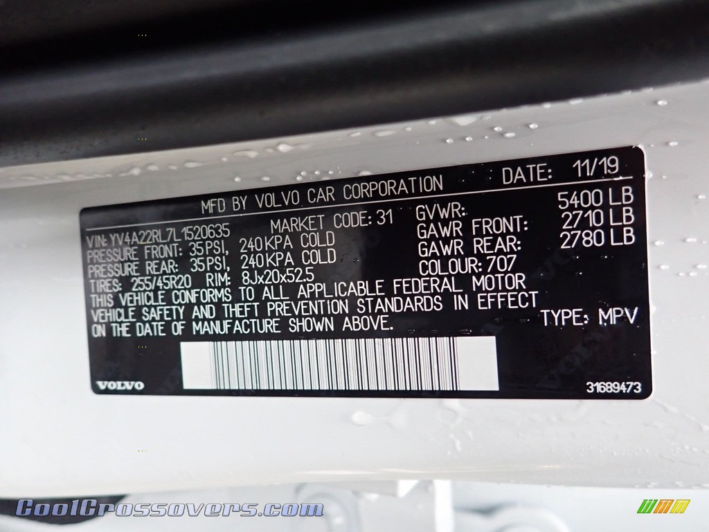 2020 XC60 T6 AWD Inscription - Crystal White Metallic / Blonde photo #14