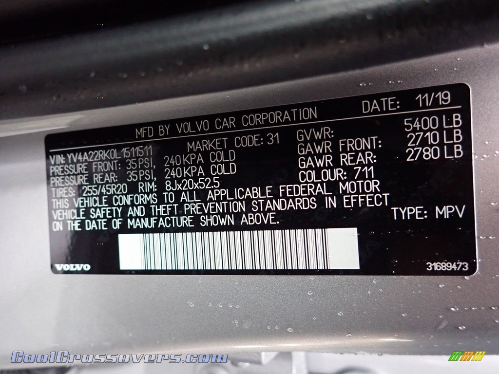 2020 XC60 T6 AWD Momentum - Bright Silver Metallic / Charcoal photo #14