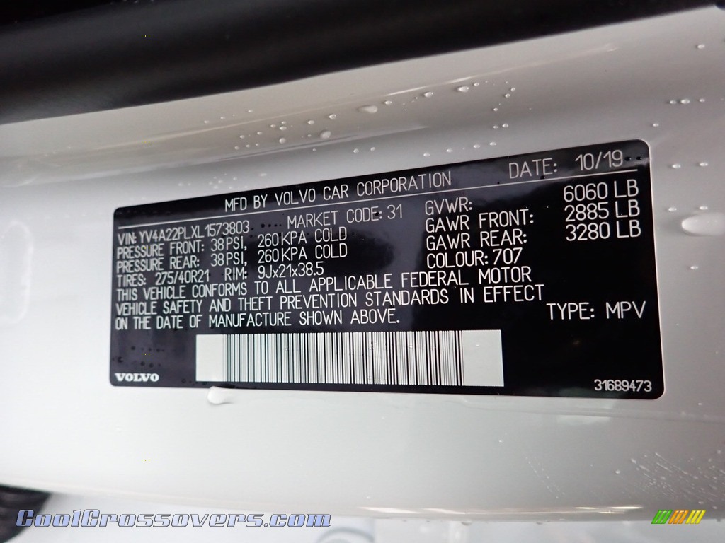 2020 XC90 T6 AWD Inscription - Crystal White Metallic / Blond photo #14