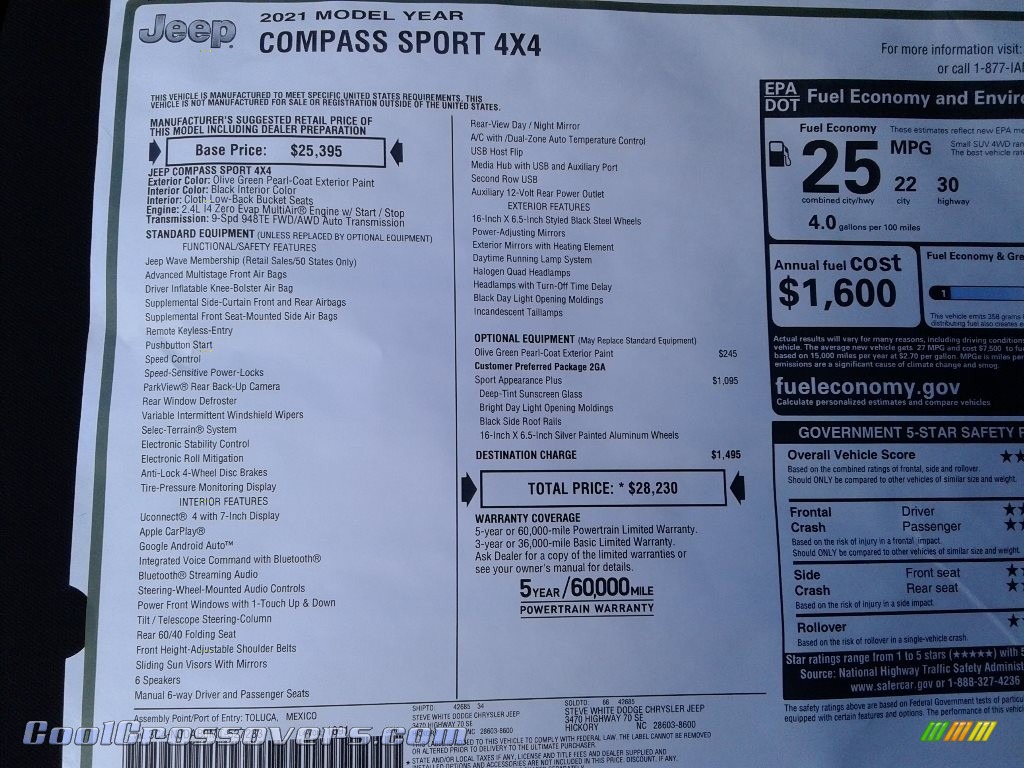 2021 Compass Sport 4x4 - Olive Green Pearl / Black photo #26