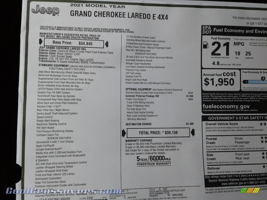 2021 Grand Cherokee Laredo 4x4 - Diamond Black Crystal Pearl / Black photo #27