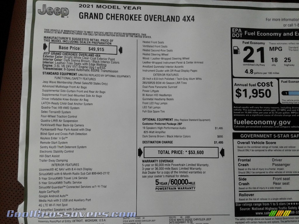 2021 Grand Cherokee Overland 4x4 - Bright White / Dark Sienna Brown/Black photo #33