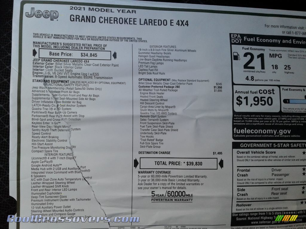 2021 Grand Cherokee Laredo 4x4 - Billet Silver Metallic / Black photo #28