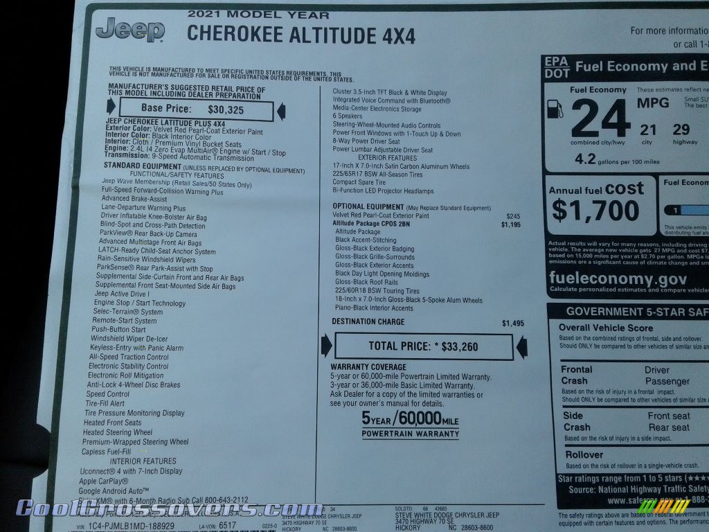 2021 Cherokee Altitude 4x4 - Velvet Red Pearl / Black photo #29