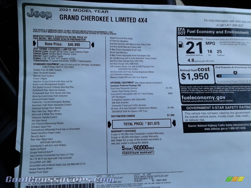 2021 Grand Cherokee L Limited 4x4 - Bright White / Black photo #33