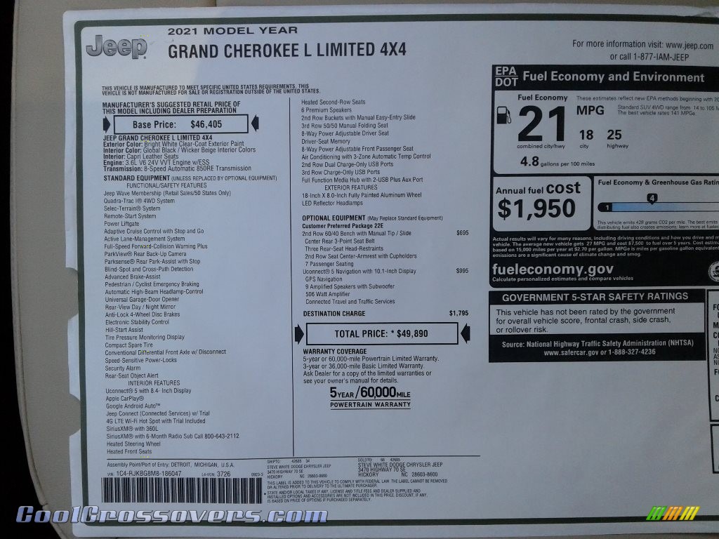 2021 Grand Cherokee L Limited 4x4 - Bright White / Global Black/Wicker Beige photo #31