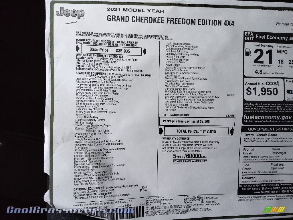 2021 Grand Cherokee Laredo 4x4 Freedom Edition - Sting-Gray / Black photo #30