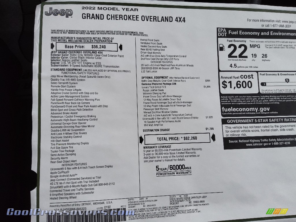 2022 Grand Cherokee Overland 4x4 - Baltic Gray Metallic / Global Black photo #34