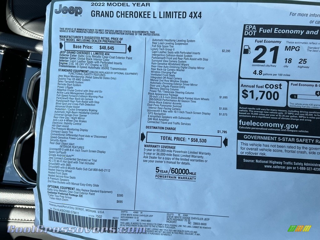 2022 Grand Cherokee L Limited 4x4 - Baltic Gray Metallic / Global Black photo #36