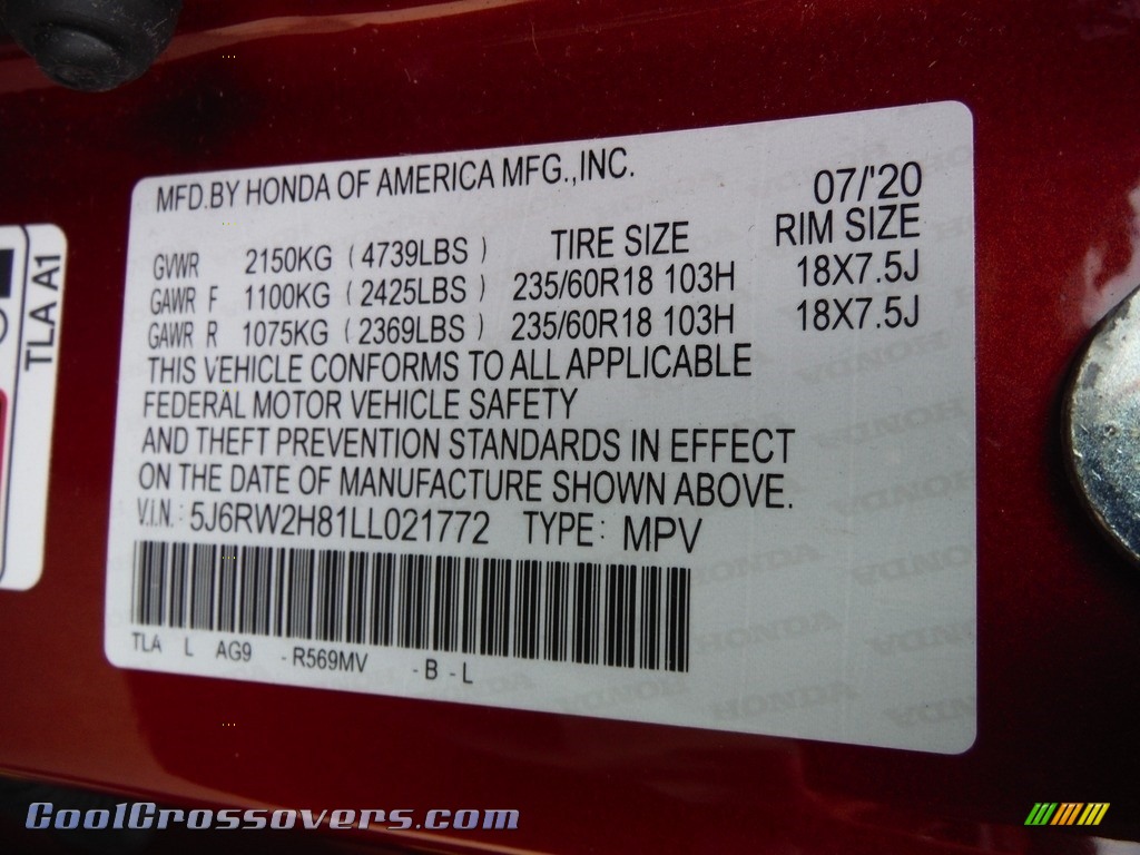2020 CR-V EX-L AWD - Radiant Red Metallic / Gray photo #34