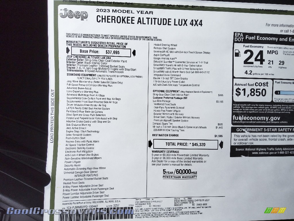 2023 Cherokee Altitude Lux 4x4 - Sting-Gray / Black photo #34